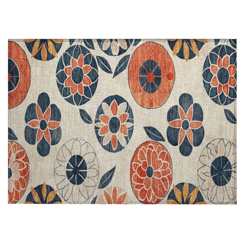 Machine Washable Indoor/Outdoor Transitional Floral Chantille Rug