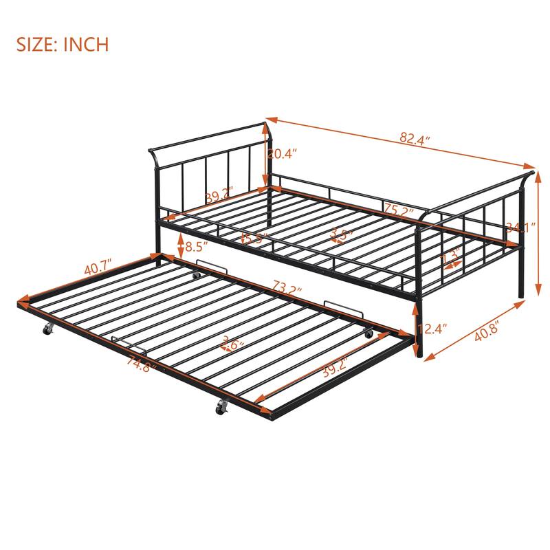 Roomfitters Twin Size Metal Daybed with Curved Handle Design and Twin Size Trundle
