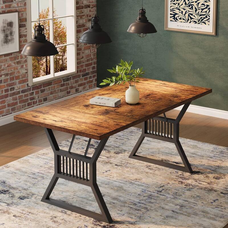70.8" Farmhouse Dining Table for 6–8, Rectangular Wood Kitchen Table with Waterproof Top & Metal Legs for Dining Room - Retro+ Black