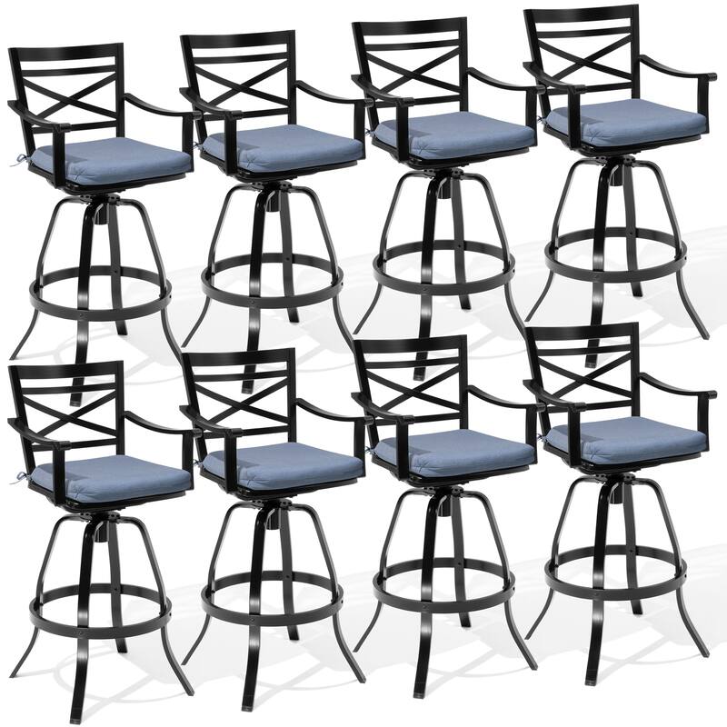 Outdoor Patio Cast Aluminum Swivel Bar Stools with Sunbrella Cushion - Spectrum Denim - 8PC
