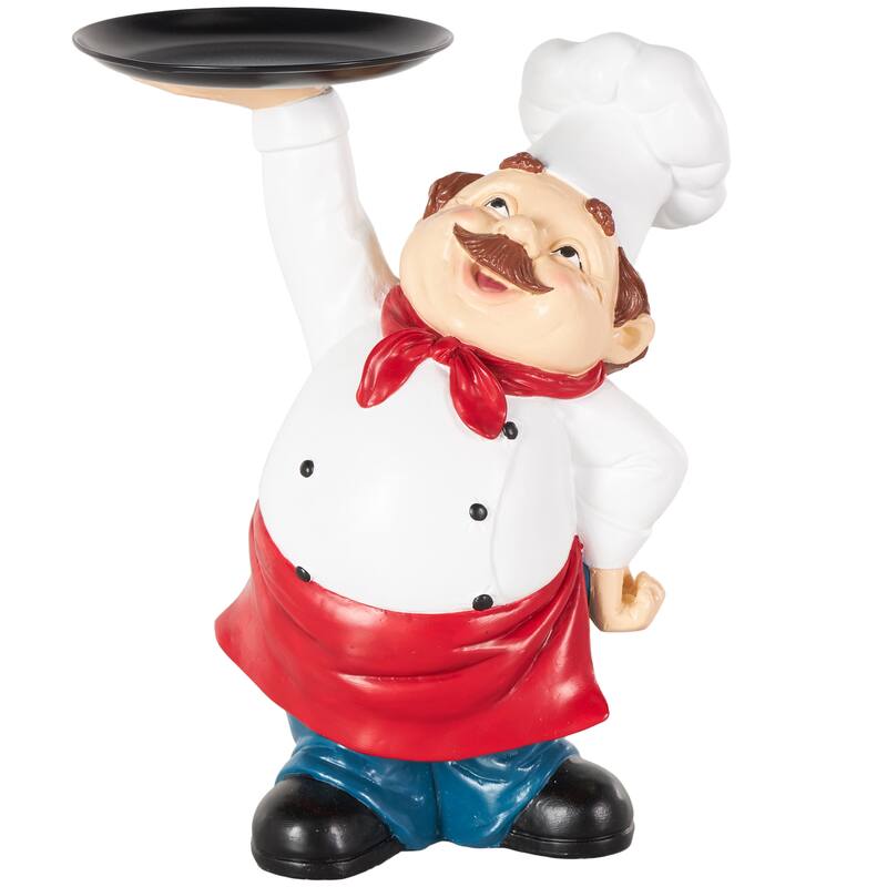 White Polystone Kitchen Decorative Figurine Chef Decorative Sculpture with Black Tray