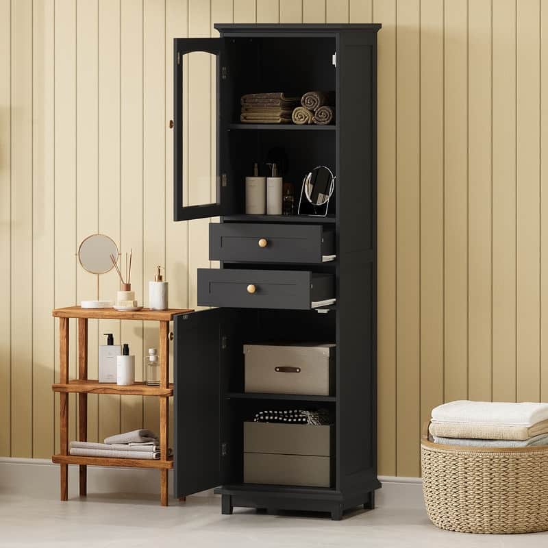Free-Standing Bathroom Storage Cabinet with Glass Doors, 2 Drawers, and Adjustable Shelves - Black
