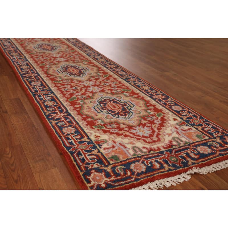 Geometric Heriz Serapi Style Runner Rug Handmade Red Wool Carpet - 2'5" x 10'1" - Red - 2'5" x 10'1"