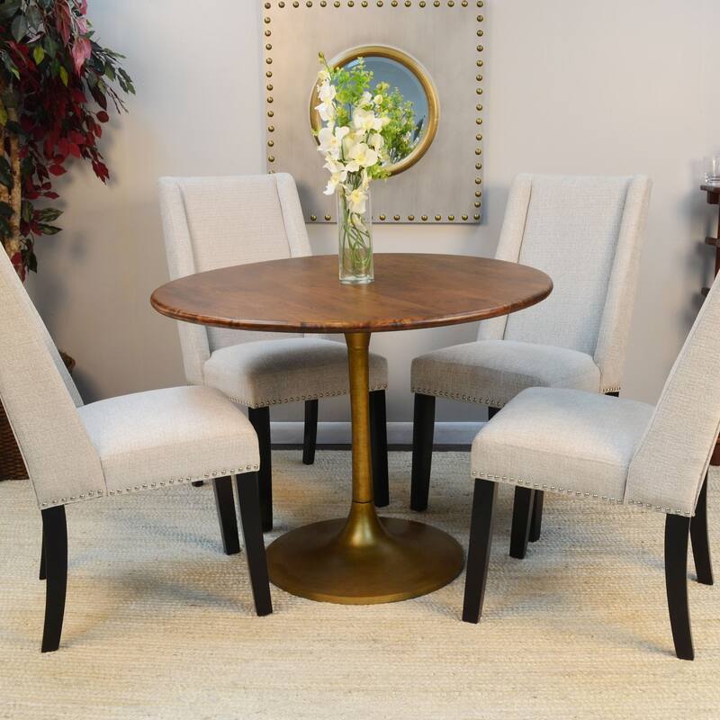 Solid Round Wooden Dining Table - 40" - Brown and Gold