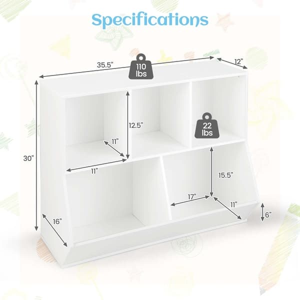 dimension image slide 2 of 3, Costway 5-Cubby Kids Toy Storage Organizer Wooden Bookshelf Display - See Details