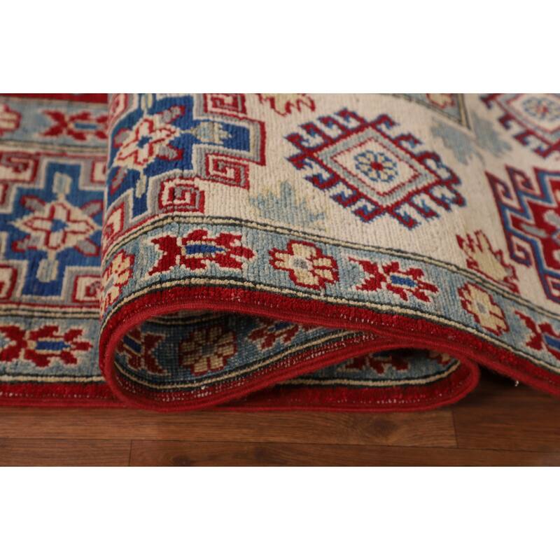 Red Geometric Kazak Rug Hand-Knotted Living Room Wool Carpet - 6'9" x 9'6"