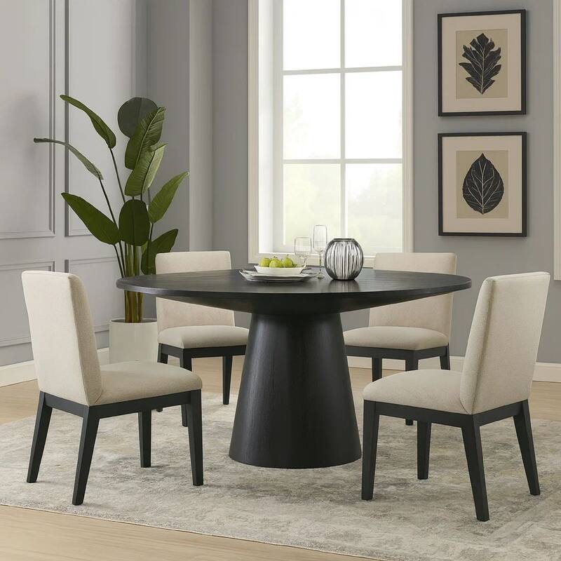 Kiy 5pc Black Dining Table Set with 4 Ergonomic Chairs, Beige Upholstery