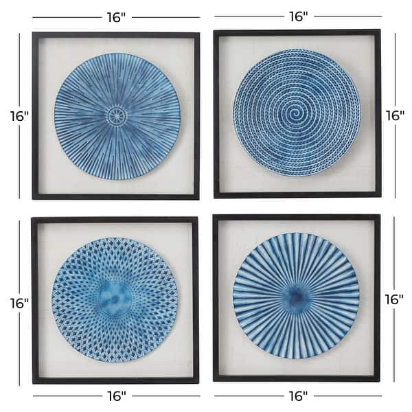 Blue Wood Radial Plates Starburst Framed Wall Art with Black Frame (Set