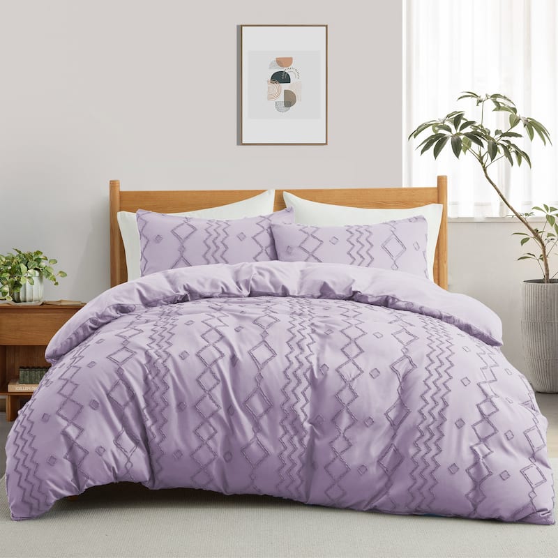 3 Piece Tufted Clipped Jacquard Geometric Oversized Duvet Cover Set - King - Diamond/Purple