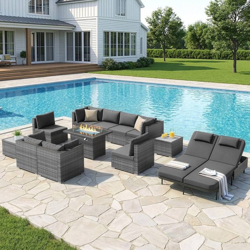 Outdoor Sectional Conversation Set PE Wicker with Double Chaise Lounge, 60,000 BTU Fire Pit Table - 12-Piece/Table - Dark Gray