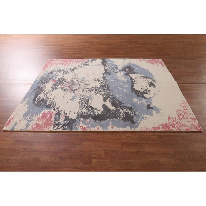 Nature Print Ivory Abstract Modern Area Rug Handmade Wool Carpet - 5'3" x 6'7"