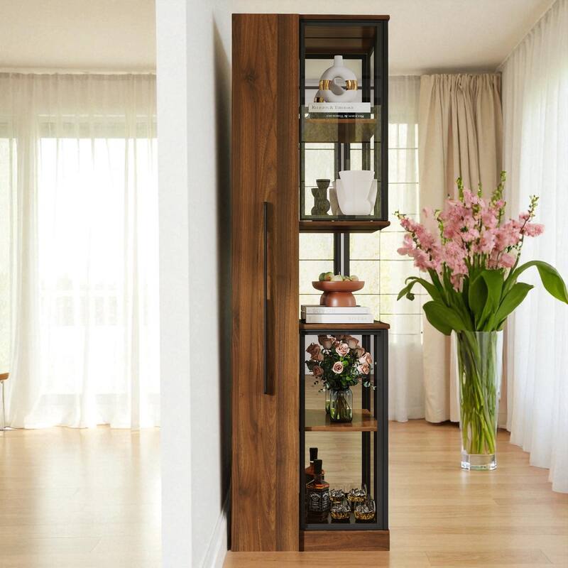 70" Modern Display Cabinet with Glass Doors, LED Lights, and Pull-Out Multi-Tier Storage Shelves