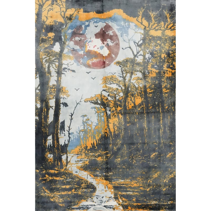 Hand Knotted Oriental Viscose Silk Carpet Modern Pictorial Multi-Colored Abstract Area Rug - 7' 8'' X 5' 7''