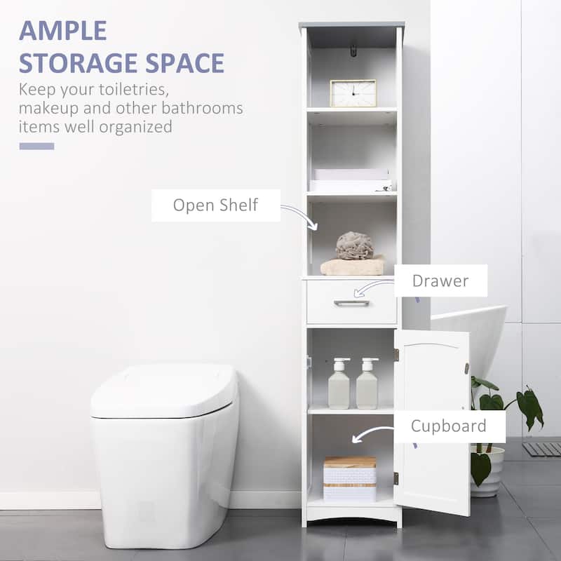 White-Grey MDF Tall Bathroom Cabinet with Drawer, Shelves and Anti-Tip - 13.5" W x 11.75" D x 64.25" H