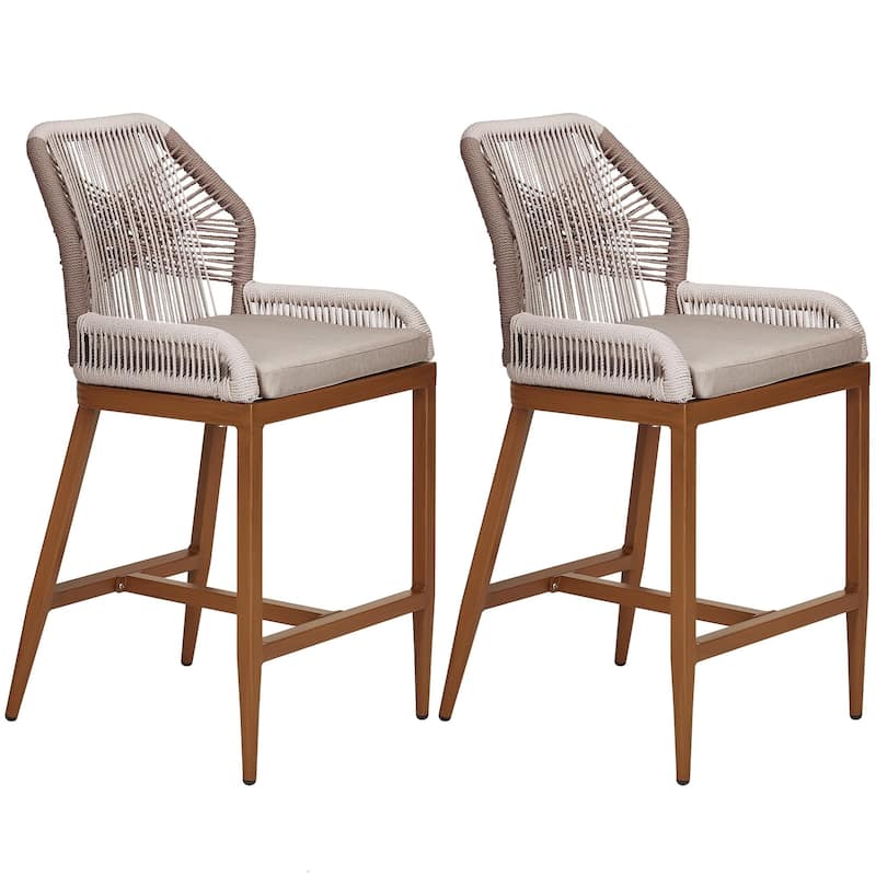 Counter Height Bar Stools Set of 2 Boho Rope Counter Height Bar Stools Rattan Woven Aluminum Modern Barstools - Brown