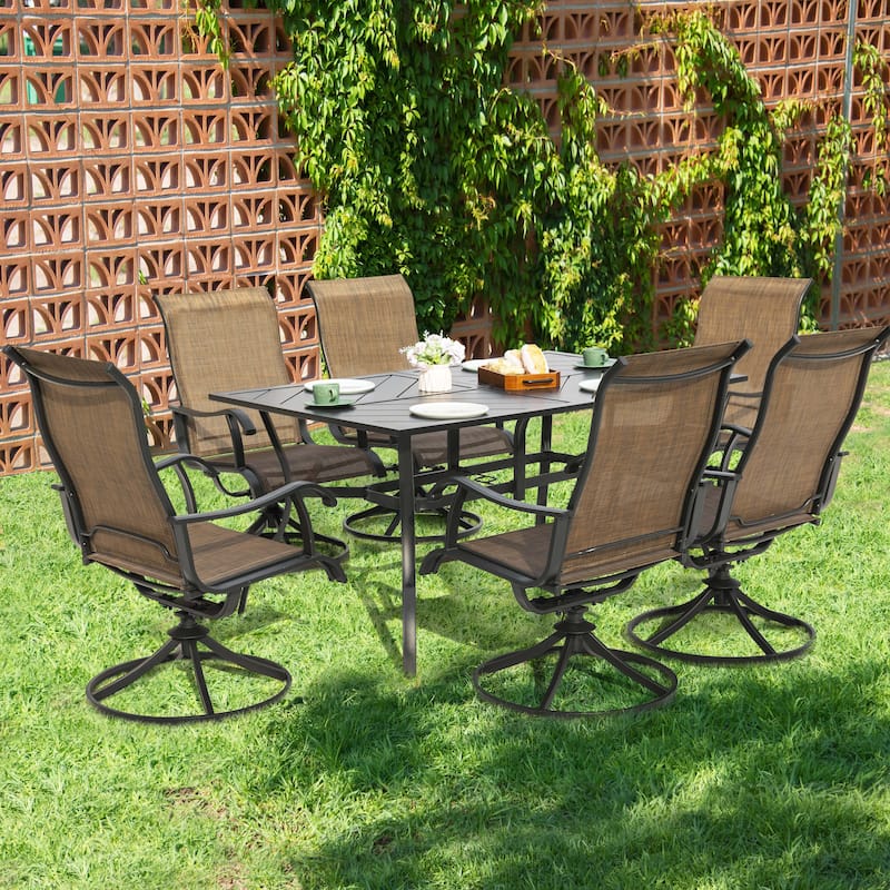 7-Piece Patio Iron Dining Set with Textilene Swivel Chairs, Brown and Black