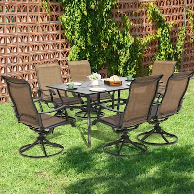 7-Piece Patio Iron Dining Set with Textilene Swivel Chairs, Brown and Black
