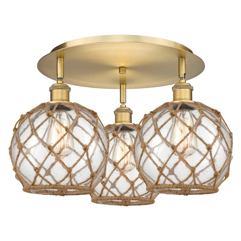 Innovations Lighting 516-3C-12-20 Farmhouse Rope Semi-Flush Farmhouse - Brushed Brass / Clear Glass with Brown Rope