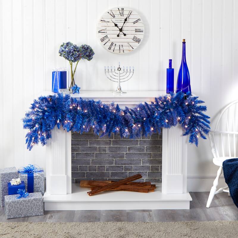 Blue Christmas Garland 6ft with Warm White LED Lights - Holiday Decor - 72