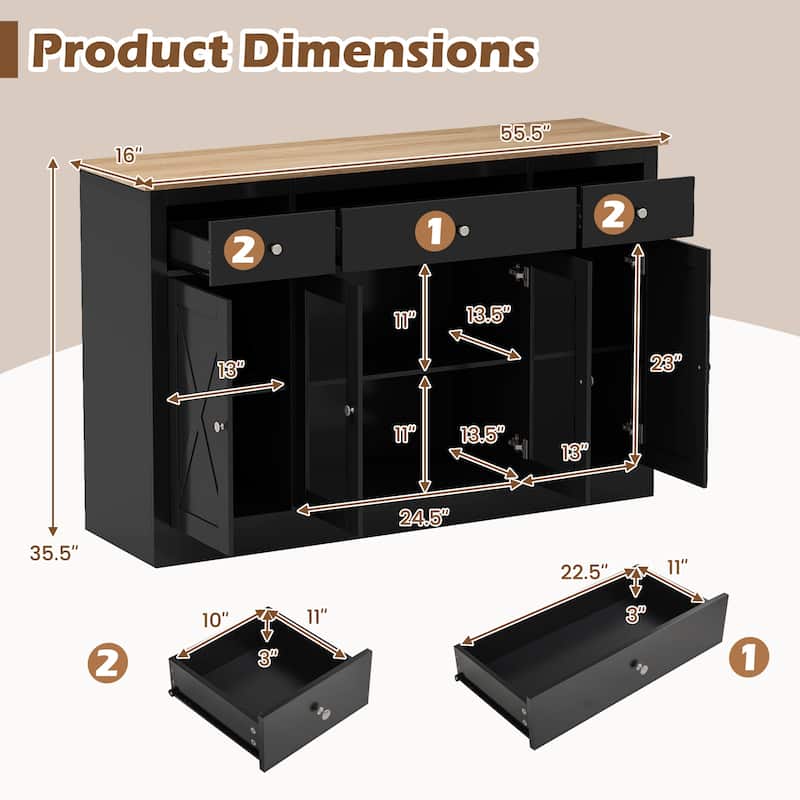 Black MDF and Engineered Wood Buffet Sideboard with Drawers and Cabinets - 55.5" × 16" × 35.5"