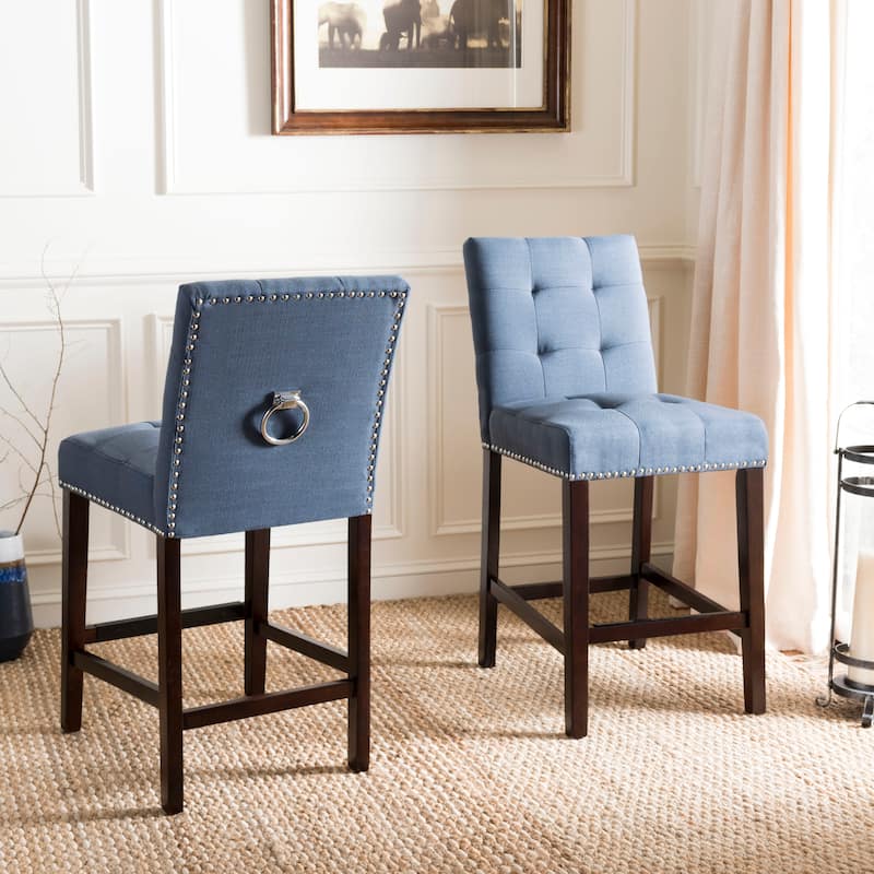 SAFAVIEH Vivien 27-inch Tufted Counter Stool (Set of 2) - 19Wx23Dx40H - Navy/Chrome Nh+Ring/Espresso Leg