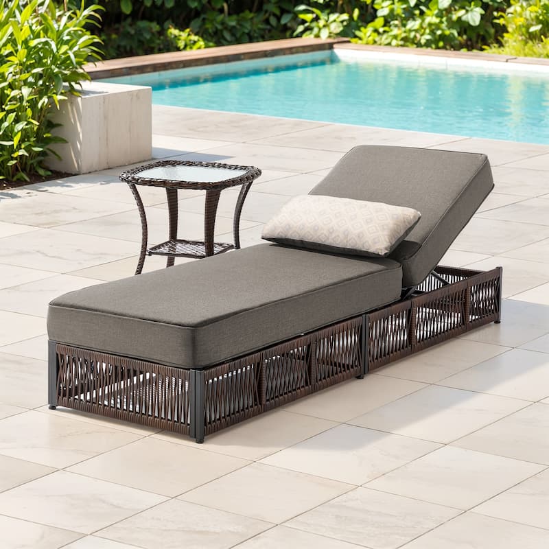 ArcoBay Brown Wicker Outdoor Patio Chaise Lounge with 5-Inch Thick Cushions and Side Table - Grey