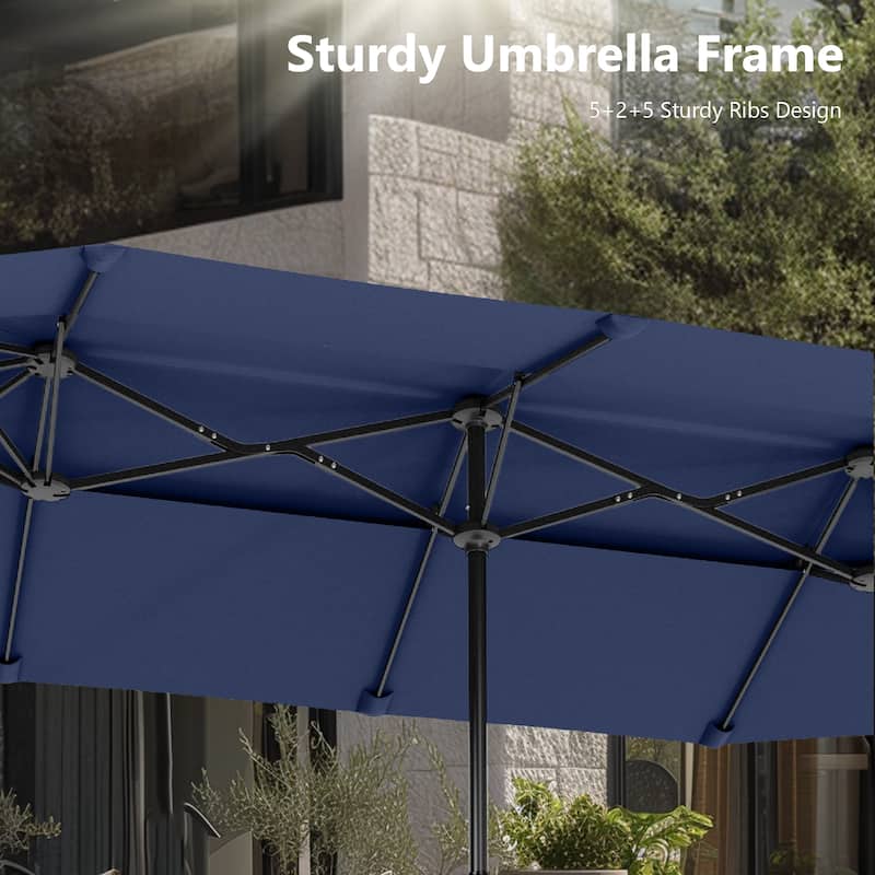 MAISON ARTS 13ft Double-Sided Outdoor Umbrella, 2-Tier Vented Market Umbrella with Colored Lights and Base