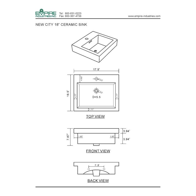 New City 18" Wall-Hung Ceramic Top in White - Single-Hole