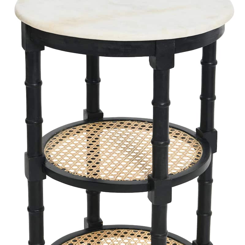 End Table with Genuine Marble Top and 2 Woven Cane Storage Shelves