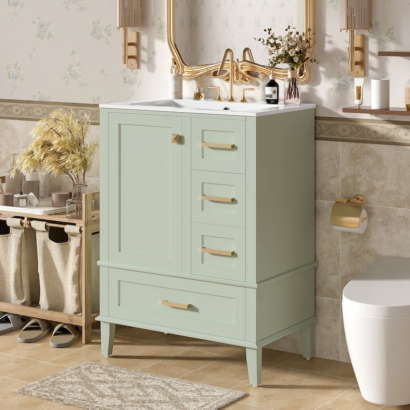 24.8" Bathroom Vanity with Ceramic Sink, Modern Freestanding Cabinet Featuring Soft-Close Door, Deep Drawer