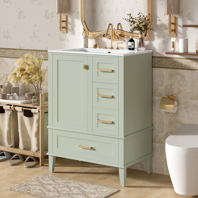 GDFStudio - Yuma Space Saving Minimalist Freestanding Bathroom Vanity Cabinet with Ceramic Sink and Soft Close Storage - Green - 24.8"