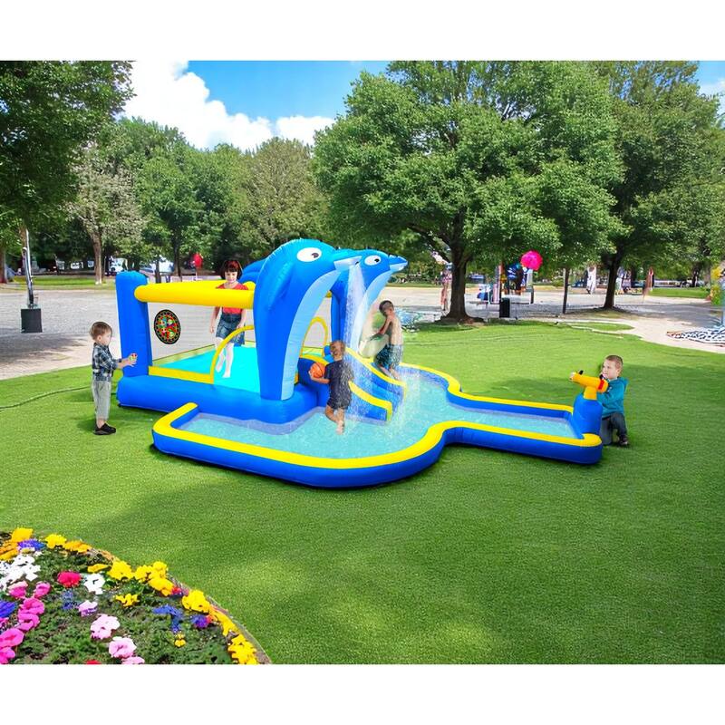 8-in-1 Inflatable Water Park with Slide,Splash Pool,Water Guns, Basketball Hoop & Climbing Wall - Includes ETL-Certified Blower