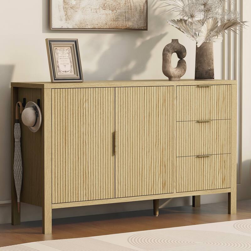 Modern Wave-Pattern Sideboard with 3 Drawers, Large Storage Buffet Cabinet with Hooks and Extra Center Leg
