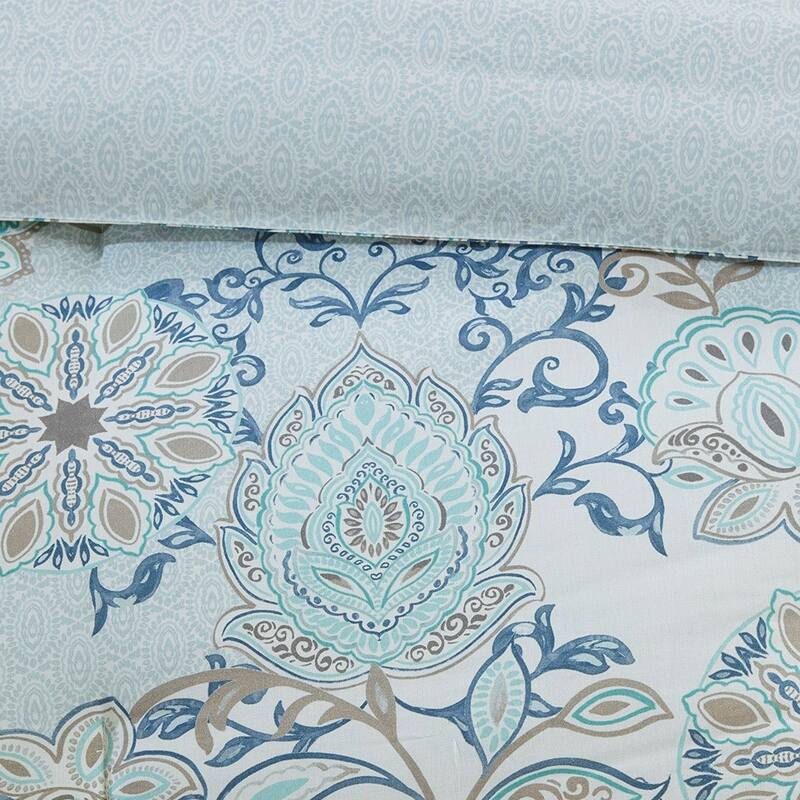 8 Piece Cotton Floral Printed Reversible Comforter Set Blue Queen