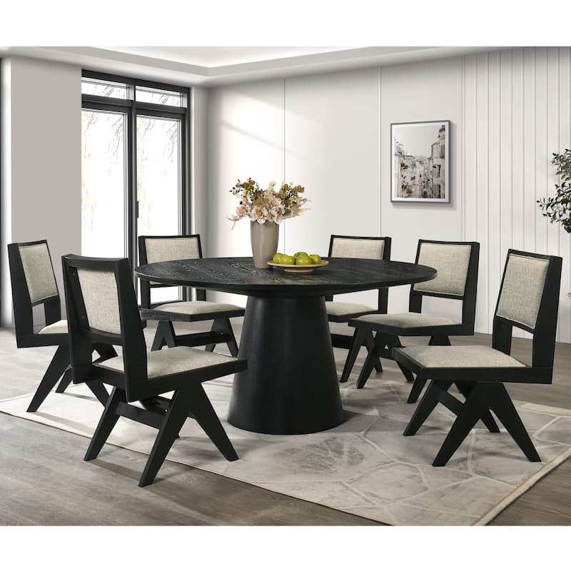 Furniture of America Evrena Modern 7-Piece Black Solid Wood 59-inch Round Dining Set - Black