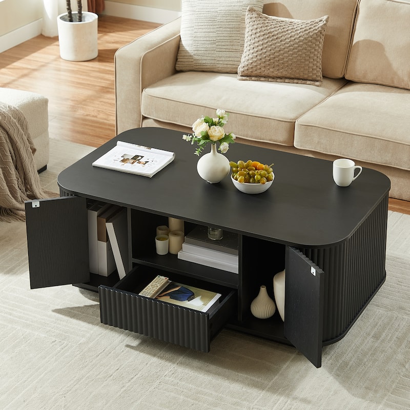 46.5" Coffee Table With Drawers And Storage Compartments, Curved Contour Design For Living Rooms, 46.5"L*27.2"W*17.7"H