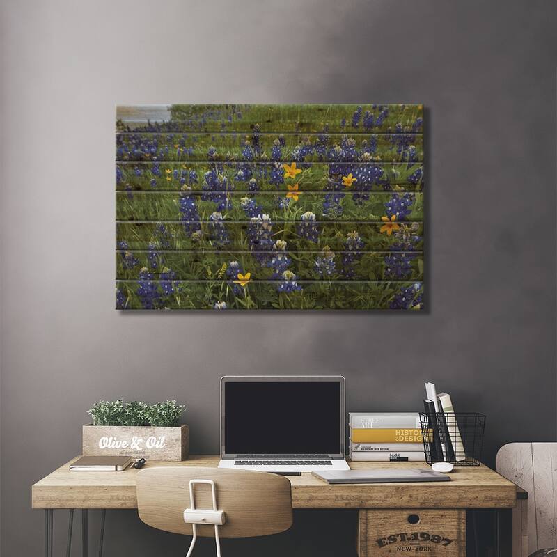 Bluebonnet And Texas Yellowstar Meadow, Cedar Hill State Park, Texas Print On Wood by Tim Fitzharris - Multi-Color