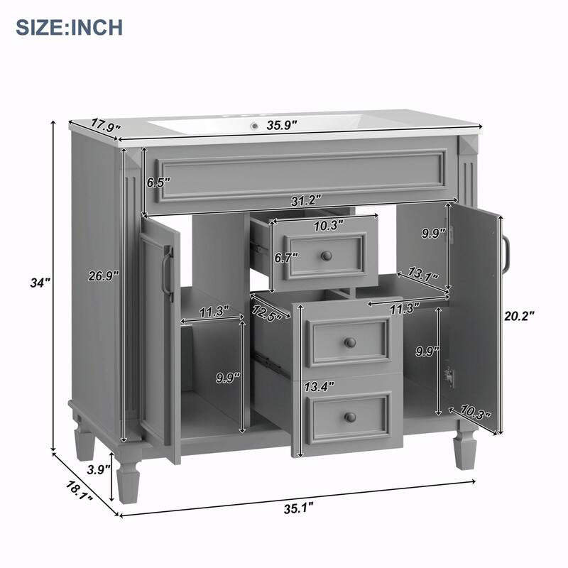 36'' Modern White Bathroom Vanity with Top Sink, Mirror Cabinet