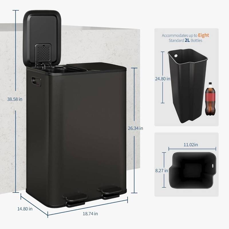 2 x 8 Gal Double Trash Can, Stainless Steel Dual Compartment Step-On Trash Can for Kitchen