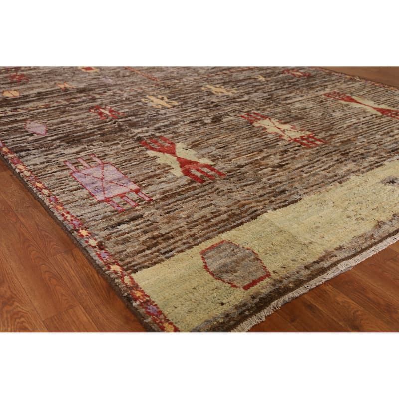 Geometric Moroccan Oriental Area Rug Hand-Knotted Brown Wool Carpet - 6'8" x 9'8" - 6'8" x 9'8" - Brown