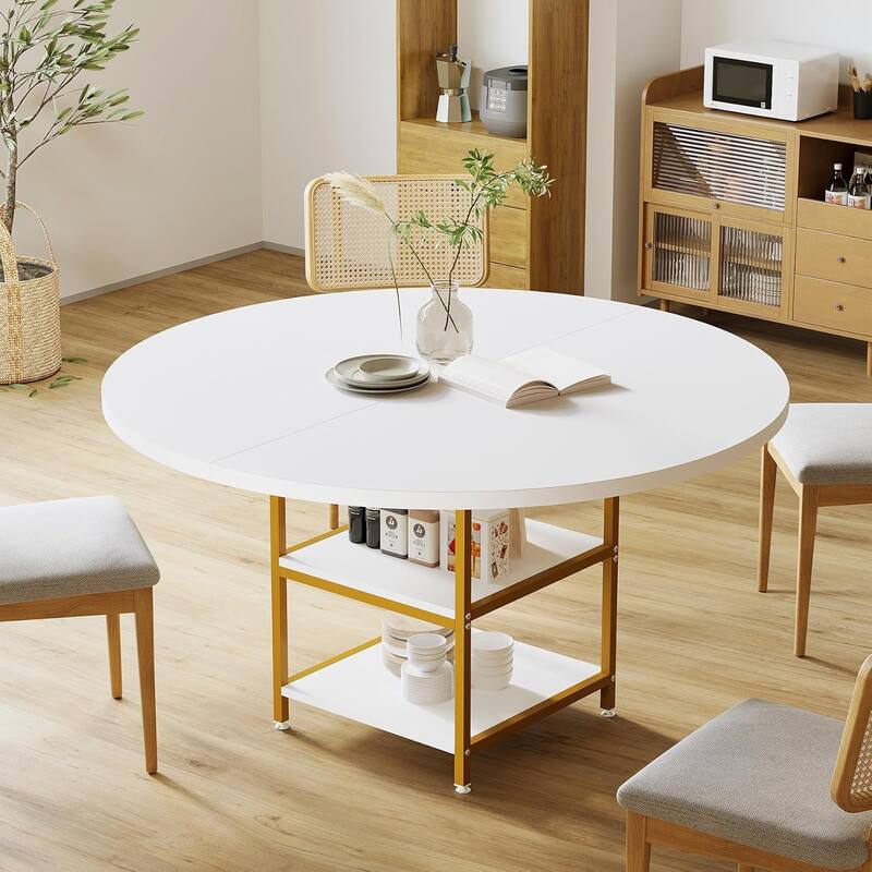 47-Inch Round Wood Dining Table for 4 With Storage Shelf Large Kitchen Table for Home Dining/Living Room