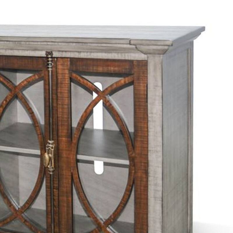 Camie TV Media Console, 4 Glass Cabinet Doors, Gray Solid Wood, 91 Inch