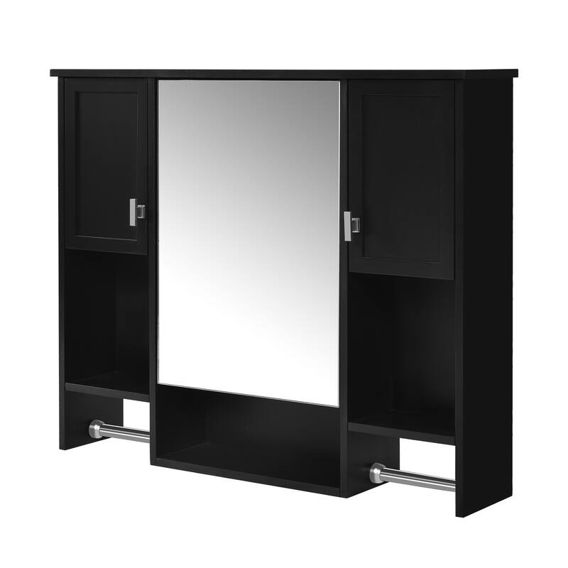 35'' x 28'' Modern Wall Mounted Bathroom Storage Cabinet with Mirror, 3 Doors, Adjustable Shelves, Towel Bar, Black
