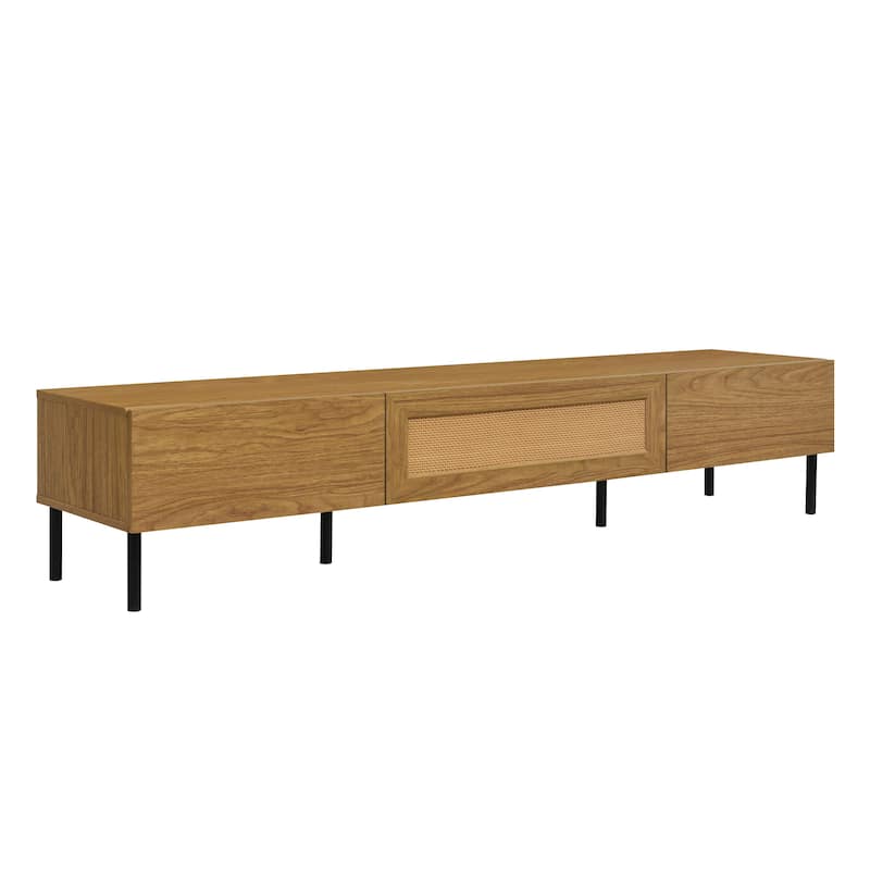 Bohemian Style Rattan TV Stand Media Console, for TVs up to 80" with 3 Pull-down Cabinets, for Living Room
