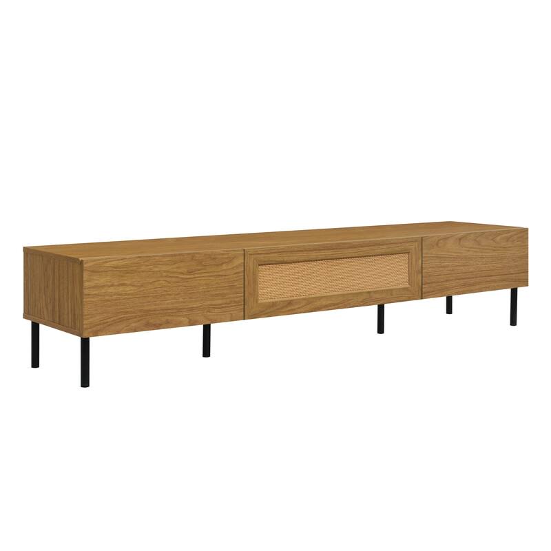 Boho Rattan TV Stand Entertainment Center for TVs up to 80", Wooden TV Cabinet Media Console with 3 Pull-down Drawers
