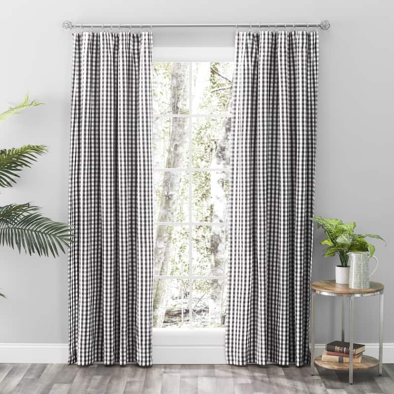 Checkmate Cotton Rod Pocket Tailored Curtain Pair w/Tiebacks or Tailored Valance - 100"W x 72"L Tailored Pair - Black