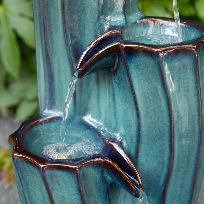 Glitzhome 29.5"H 4-Tiered Wavy Textured Outdoor Ceramic Floor Fountain with LED Light