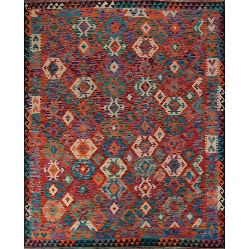 All-Over Geometric Kilim Oriental Area Rug Flatweave Wool Carpet - 8'4" x 9'8"