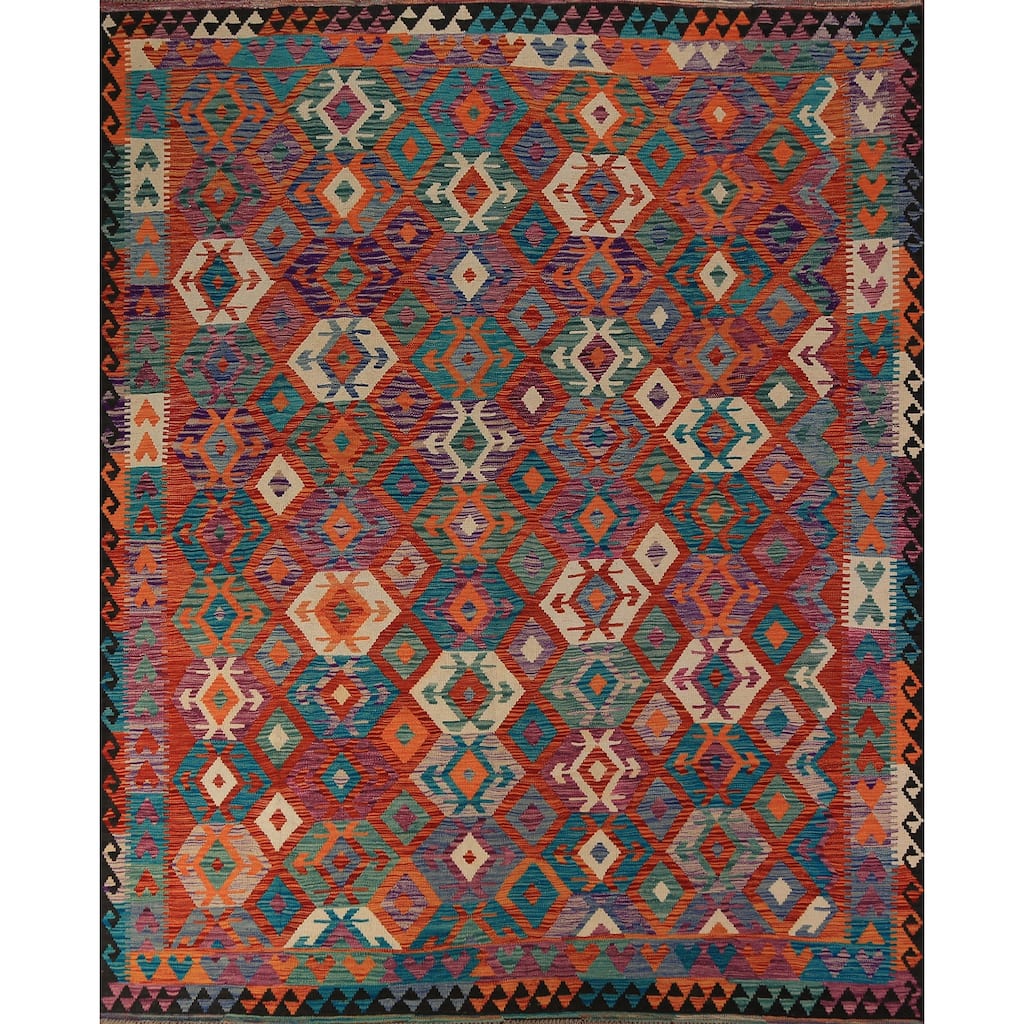 All-Over Geometric Kilim Oriental Area Rug Flatweave Wool Carpet - 8'4" x 9'8"