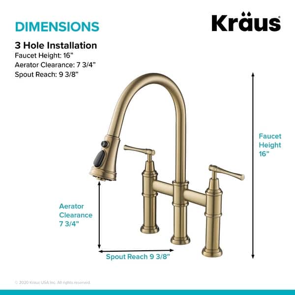 dimension image slide 2 of 3, Kraus Allyn Traditional 3-Function Bridge Pulldown Kitchen Faucet